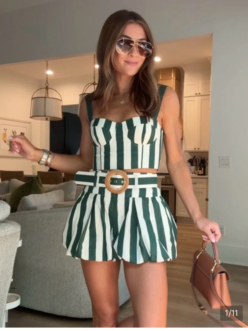 Cara Cara Striped Green & White High-Waist Belted Women’s corset top and shorts